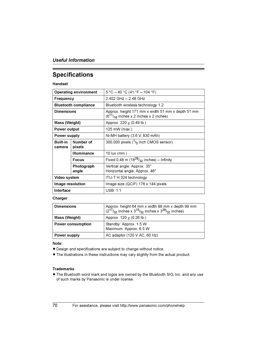 Panasonic KX-THA12, KX-THA17 operating instructions Specifications 