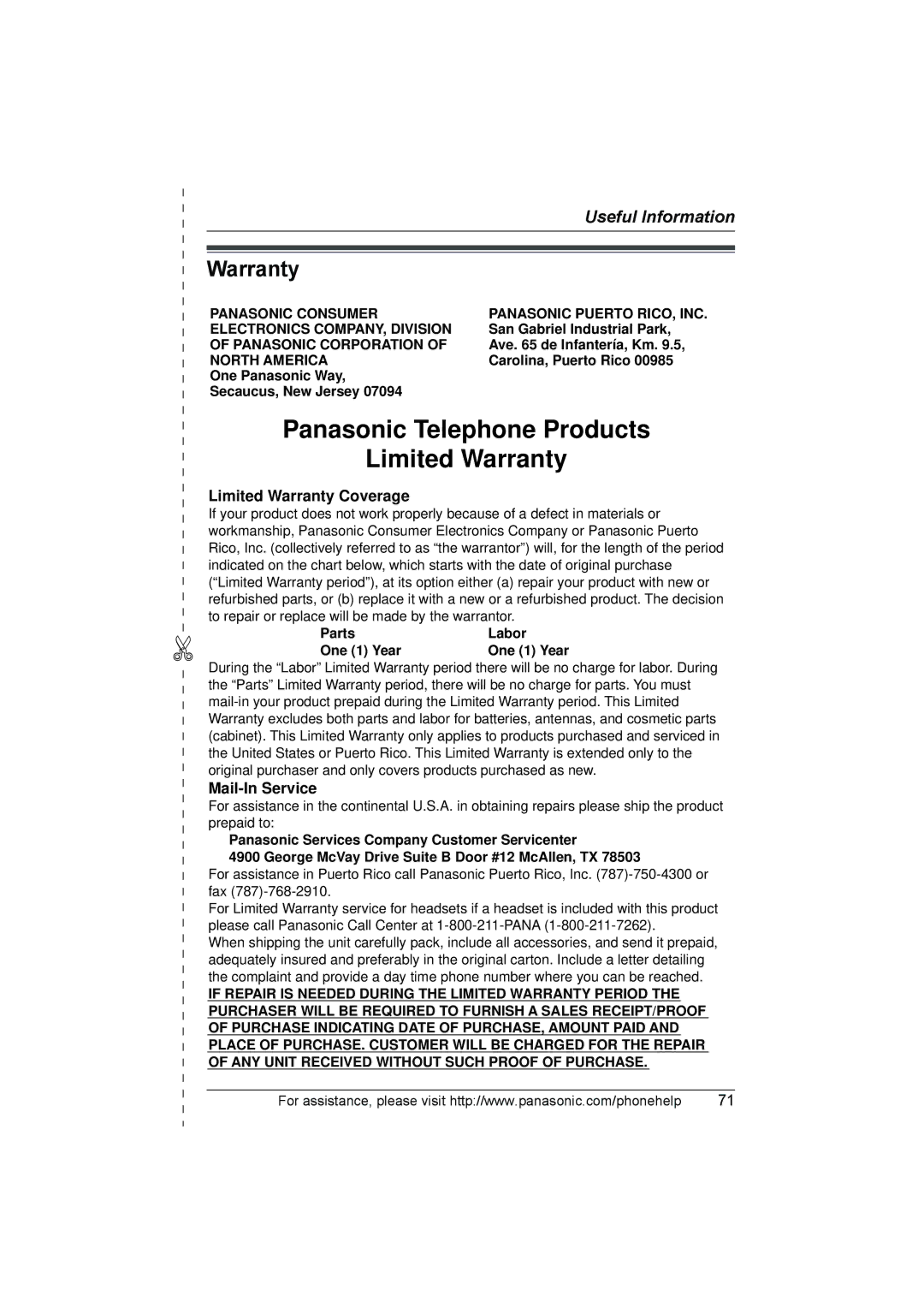 Panasonic KX-THA17, KX-THA12 operating instructions Warranty, Panasonic Corporation, North America 