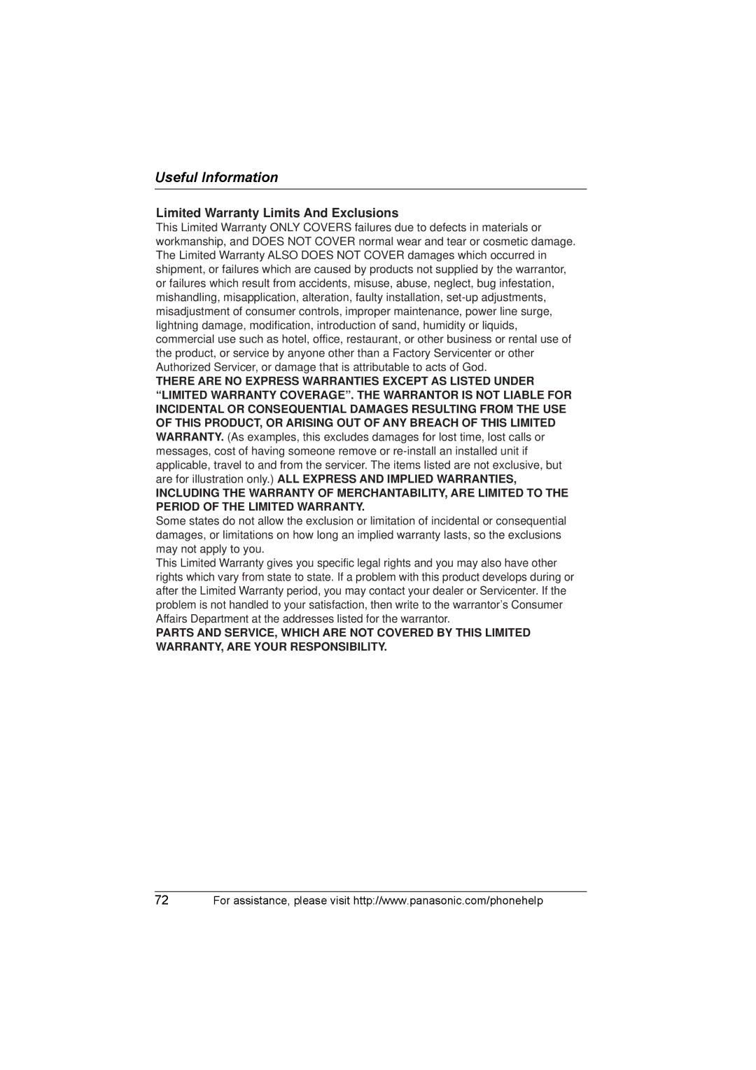 Panasonic KX-THA12, KX-THA17 operating instructions Limited Warranty Limits And Exclusions 