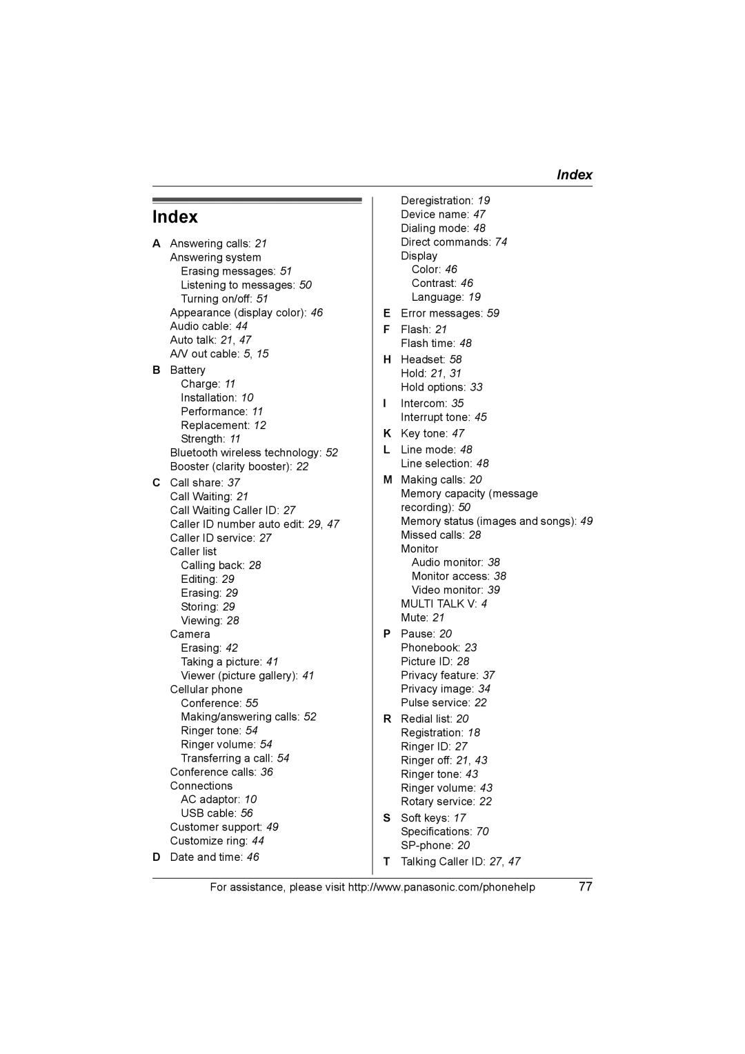 Panasonic KX-THA17, KX-THA12 operating instructions Index, Multi Talk V 