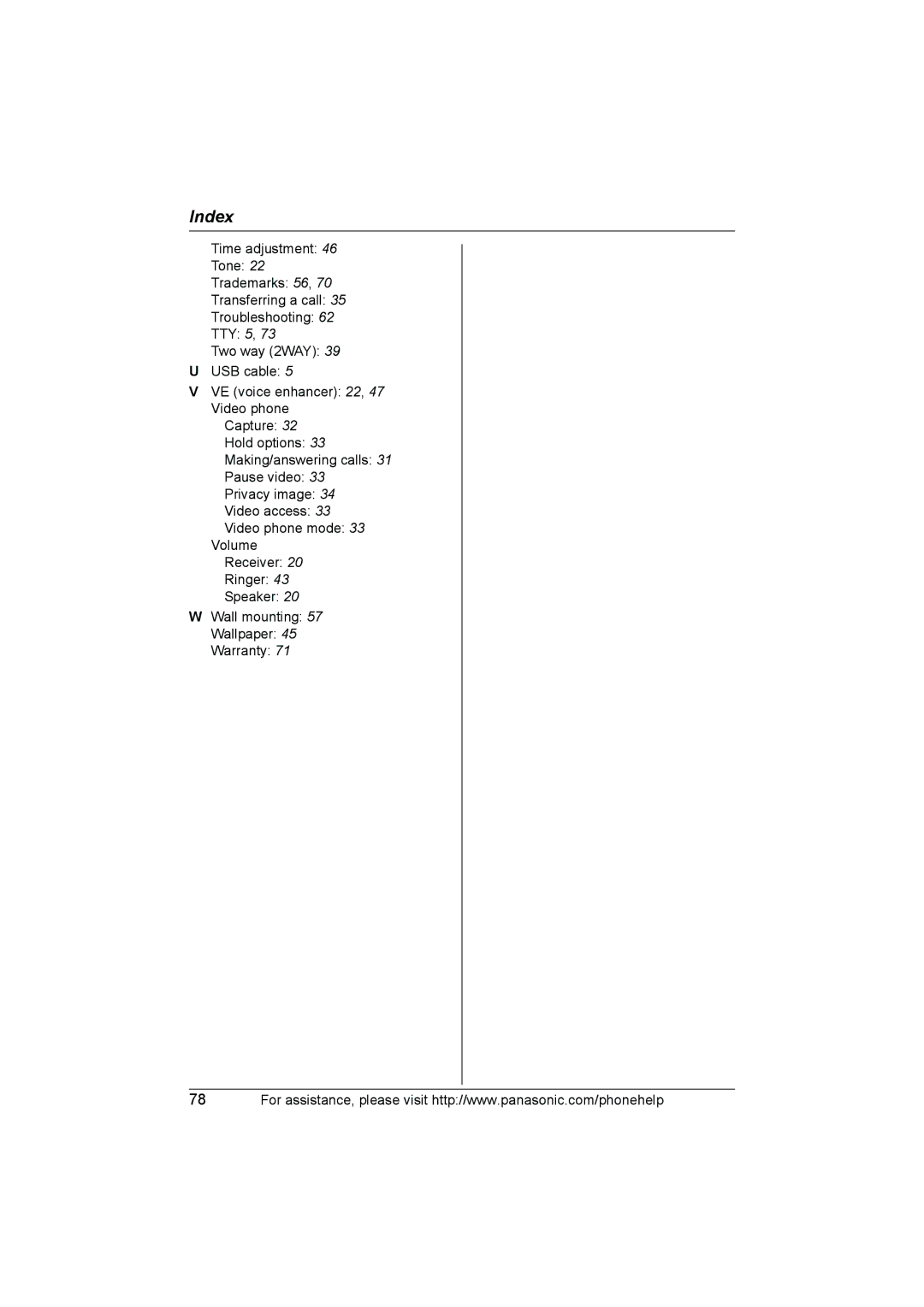 Panasonic KX-THA12, KX-THA17 operating instructions Index 