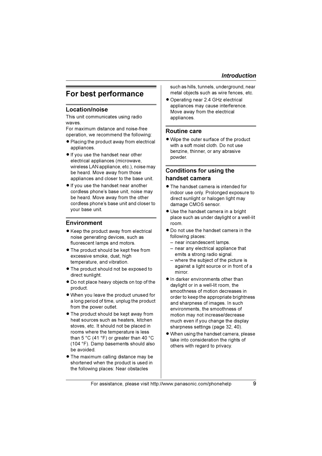 Panasonic KX-THA17, KX-THA12 operating instructions For best performance, Location/noise, Environment, Routine care 