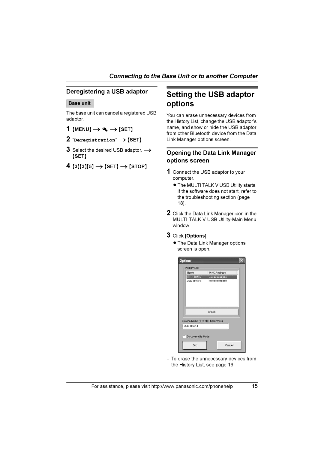 Panasonic KX-THA14 manual Setting the USB adaptor options, Deregistering a USB adaptor, Click Options 