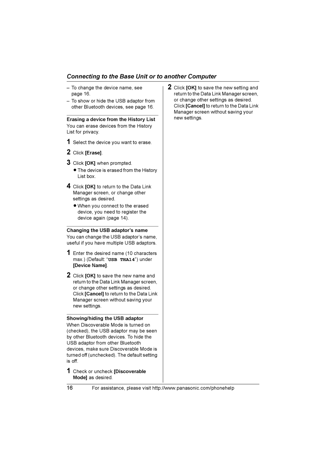 Panasonic KX-THA14 Erasing a device from the History List, Changing the USB adaptor’s name, Showing/hiding the USB adaptor 