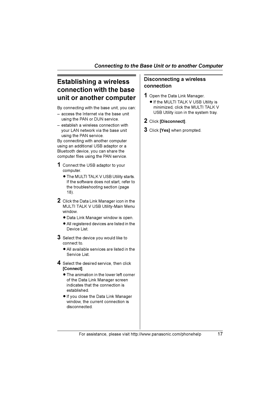 Panasonic KX-THA14 manual Disconnecting a wireless connection, Click Disconnect 