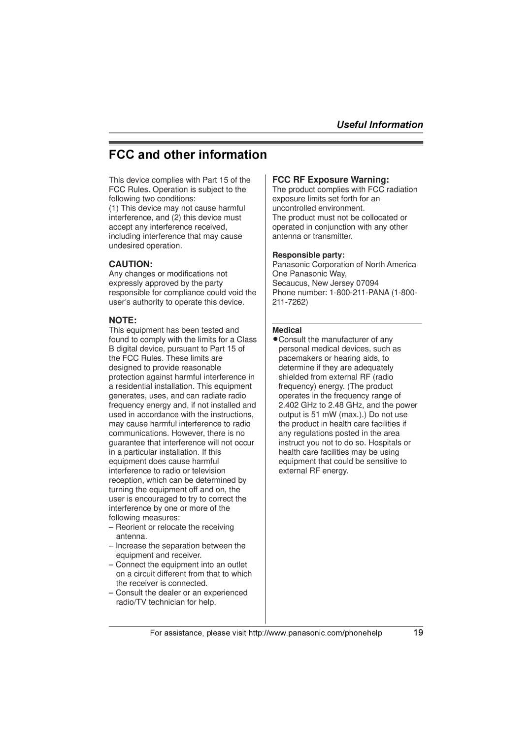 Panasonic KX-THA14 manual FCC and other information, Responsible party, Medical 