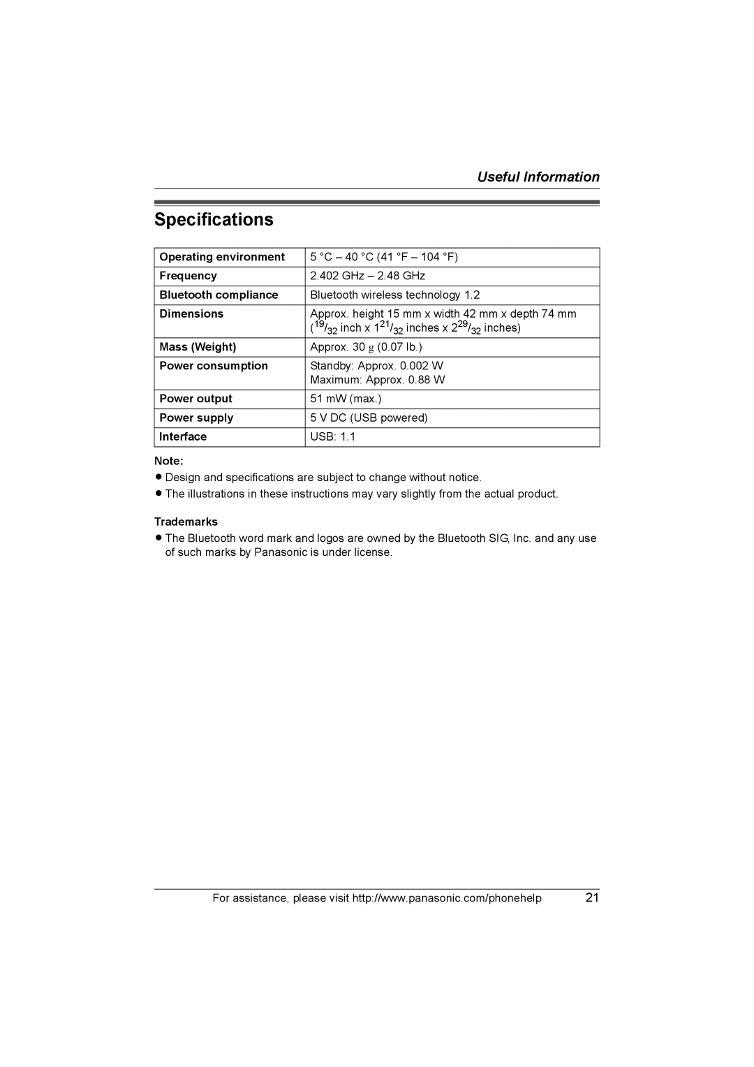 Panasonic KX-THA14 manual Specifications 