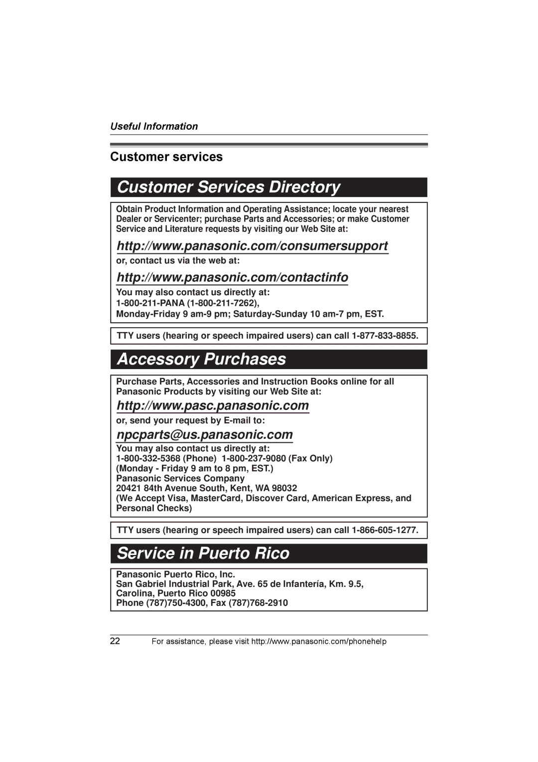 Panasonic KX-THA14 manual Customer Services Directory, Customer services 