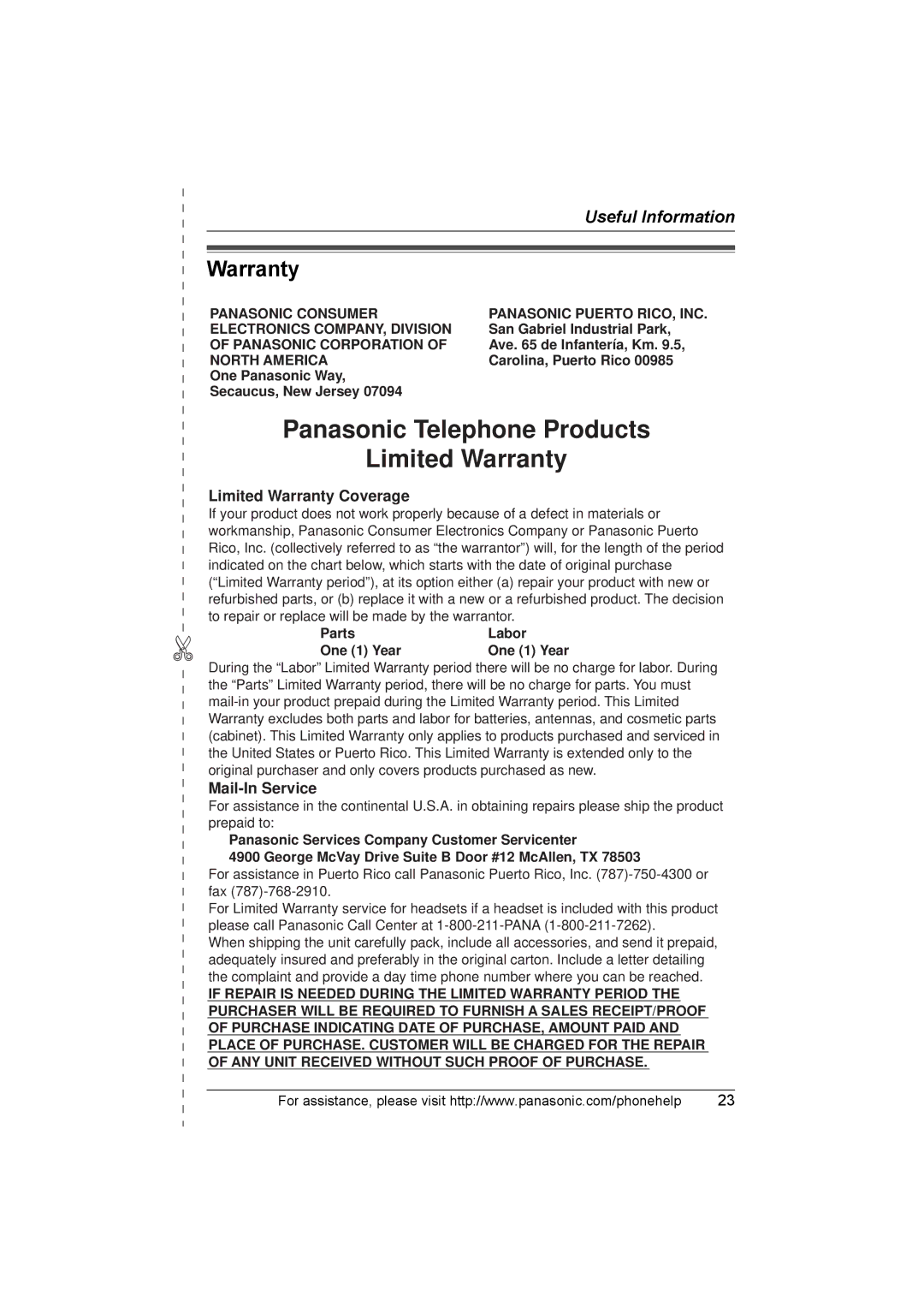 Panasonic KX-THA14 manual Warranty 