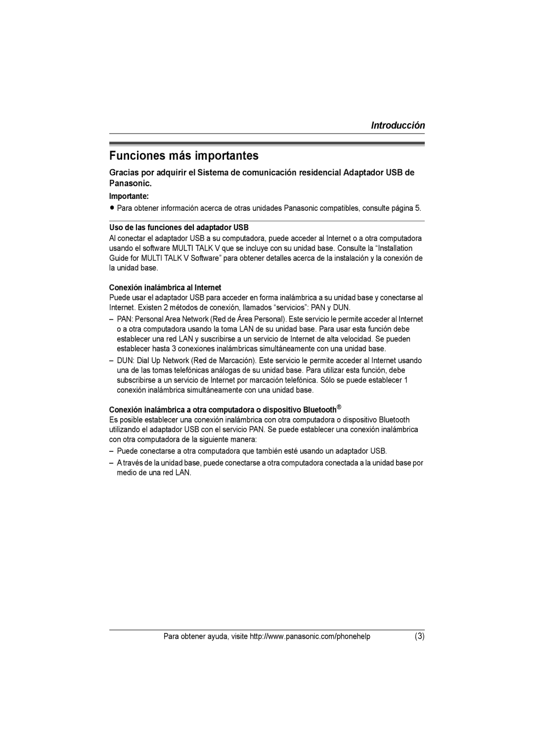 Panasonic KX-THA14 manual Funciones más importantes, Importante, Uso de las funciones del adaptador USB 