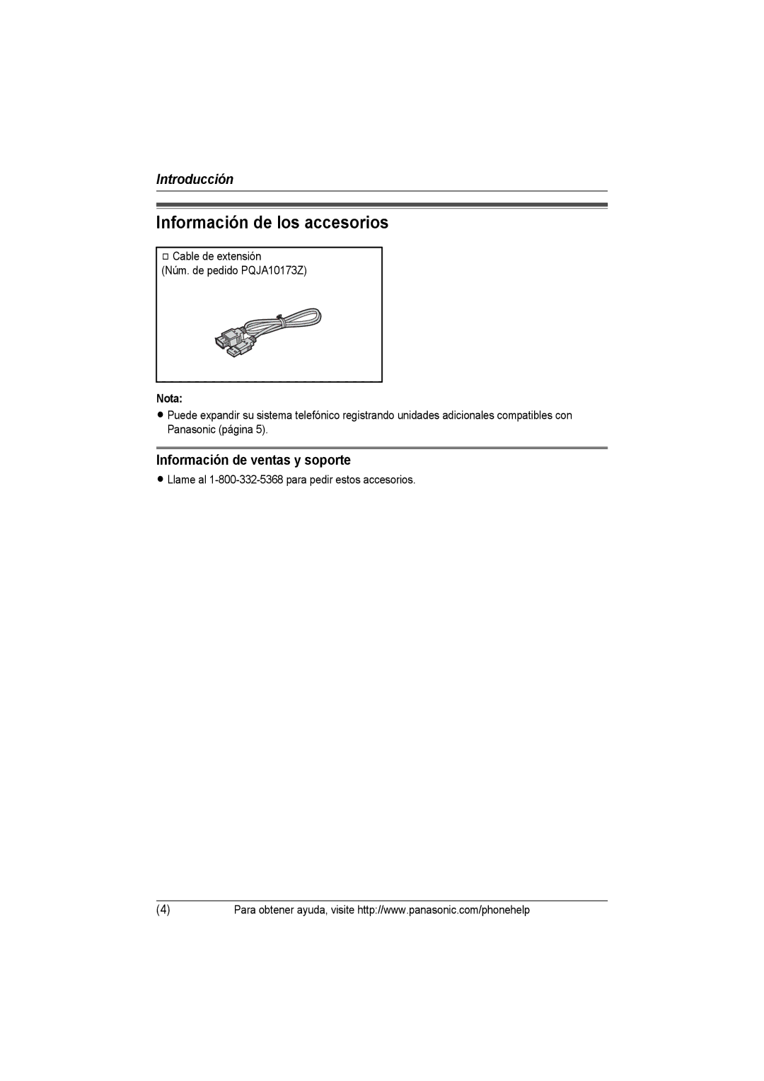 Panasonic KX-THA14 manual Información de los accesorios, Información de ventas y soporte, Nota 