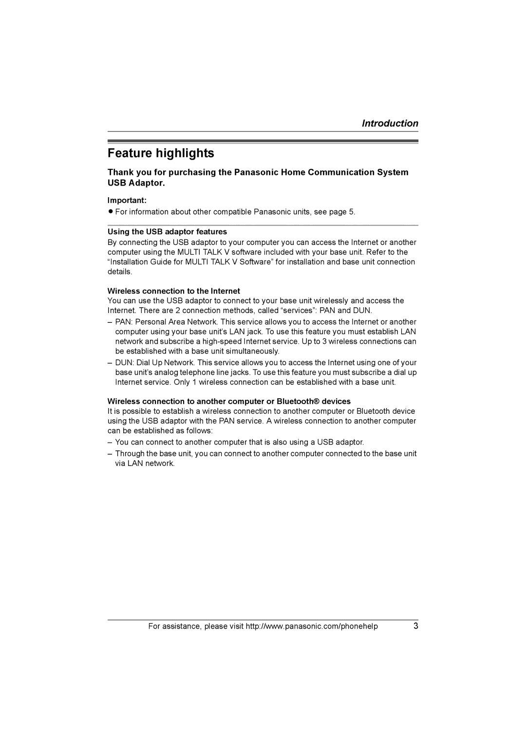 Panasonic KX-THA14 manual Feature highlights, Using the USB adaptor features, Wireless connection to the Internet 