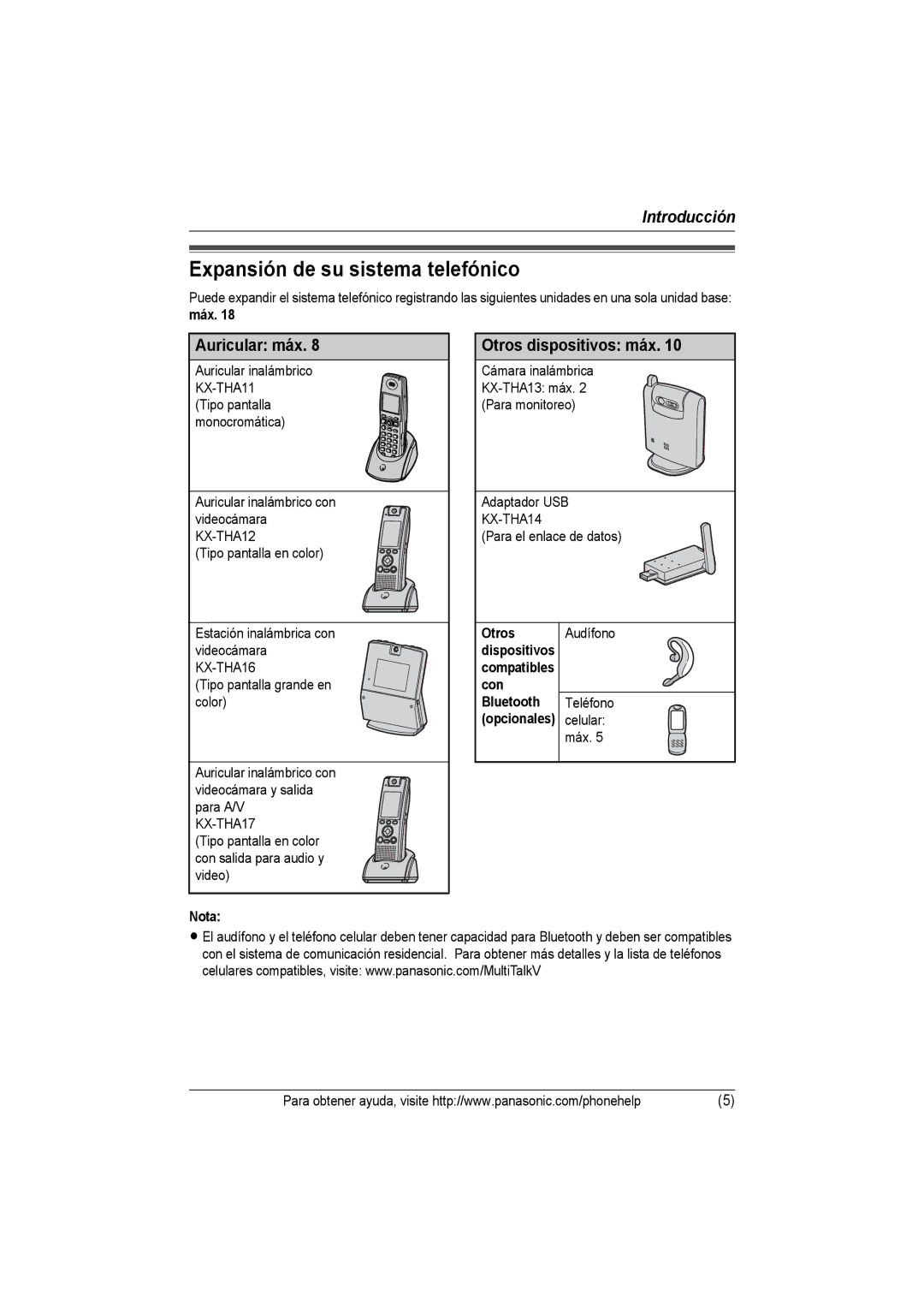 Panasonic KX-THA14 manual Expansión de su sistema telefónico, Auricular máx, Otros dispositivos máx, Con Bluetooth 