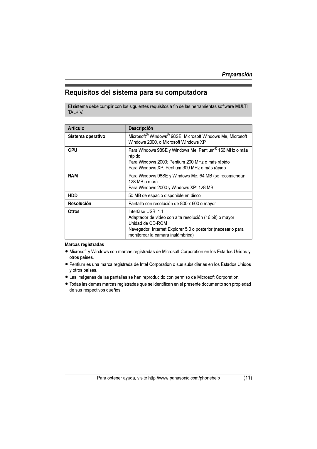 Panasonic KX-THA14 manual Requisitos del sistema para su computadora, Artículo Descripción Sistema operativo, Resolución 