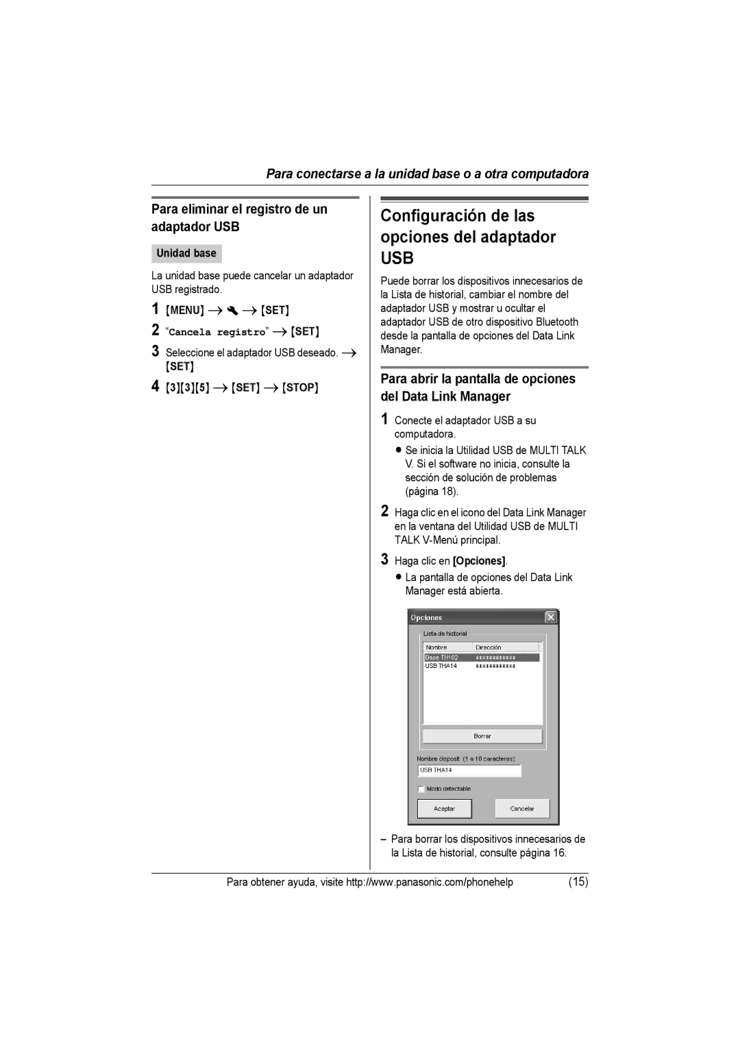 Panasonic KX-THA14 manual Usb, Para eliminar el registro de un adaptador USB 