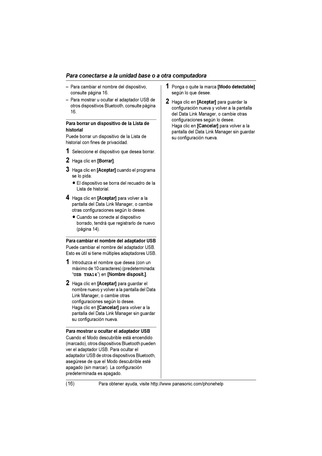 Panasonic KX-THA14 manual Para borrar un dispositivo de la Lista de historial, Para cambiar el nombre del adaptador USB 