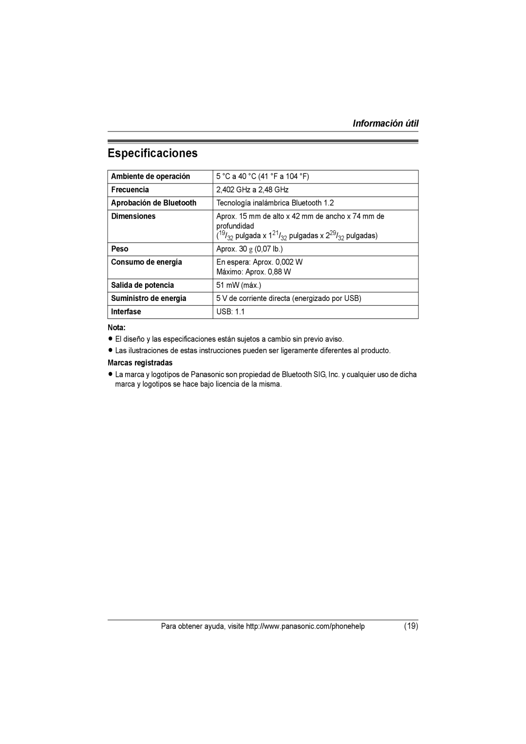 Panasonic KX-THA14 manual Especificaciones 