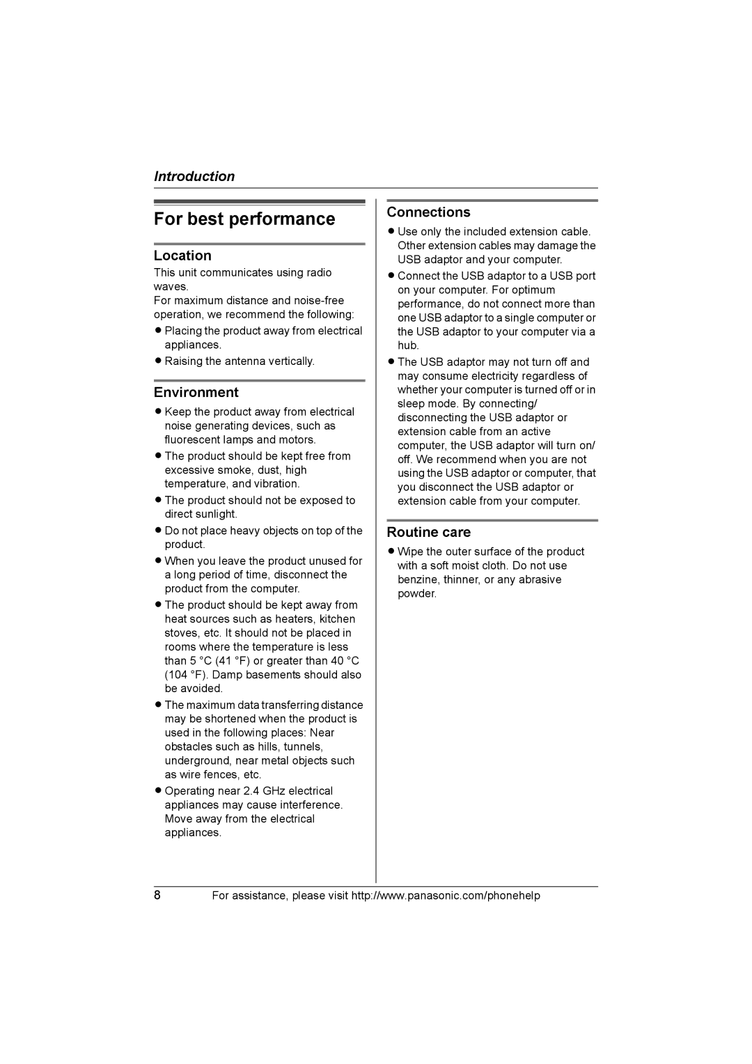 Panasonic KX-THA14 manual For best performance, Location, Environment, Connections, Routine care 