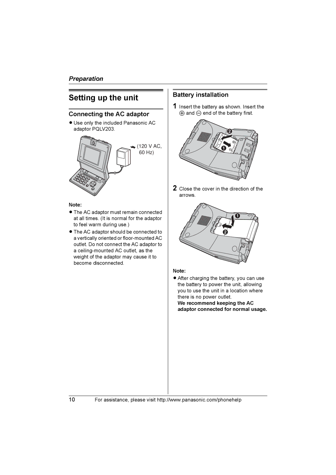 Panasonic KX-THA16 operating instructions Setting up the unit, Connecting the AC adaptor, Battery installation 