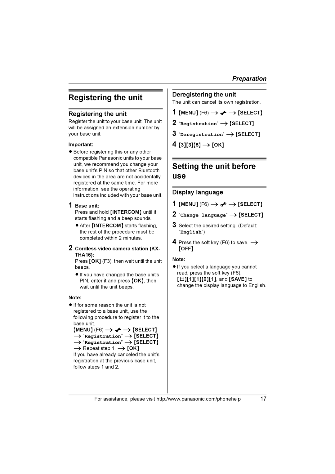 Panasonic KX-THA16 Registering the unit, Setting the unit before use, Deregistering the unit, Display language 