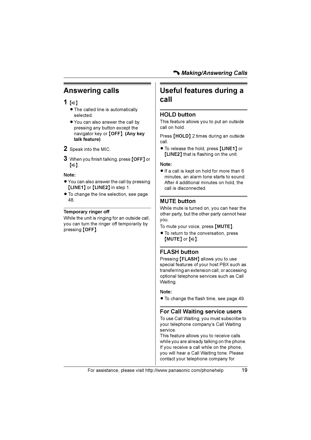 Panasonic KX-THA16 operating instructions Answering calls, Useful features during a call 