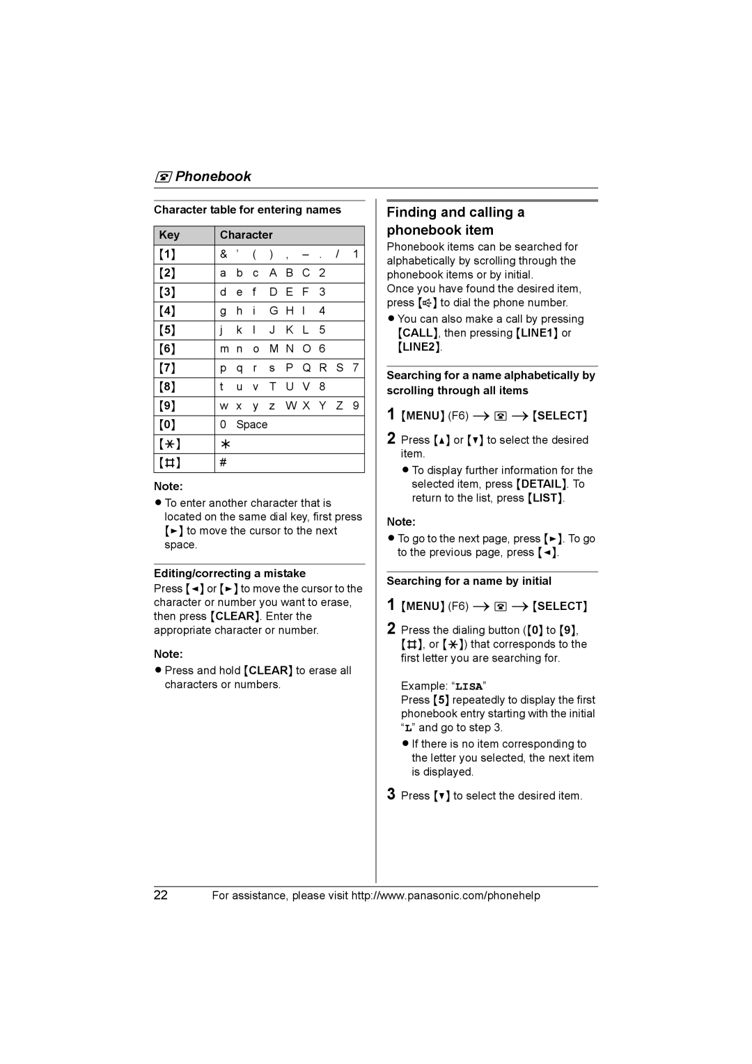 Panasonic KX-THA16 operating instructions Finding and calling a phonebook item, Character table for entering names Key 