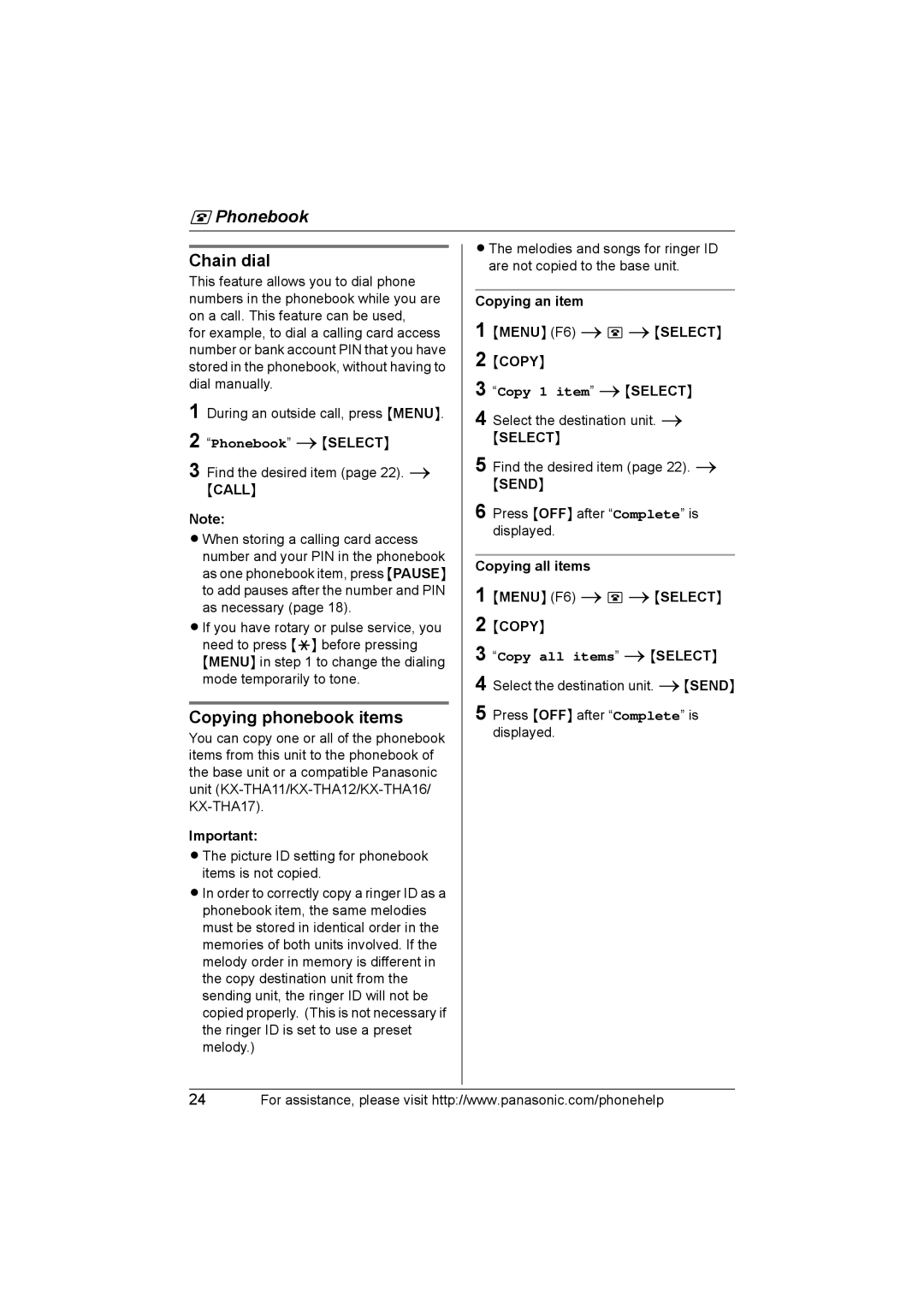 Panasonic KX-THA16 operating instructions Chain dial, Copying phonebook items, Phonebook iSELECT, Copy all items iSELECT 