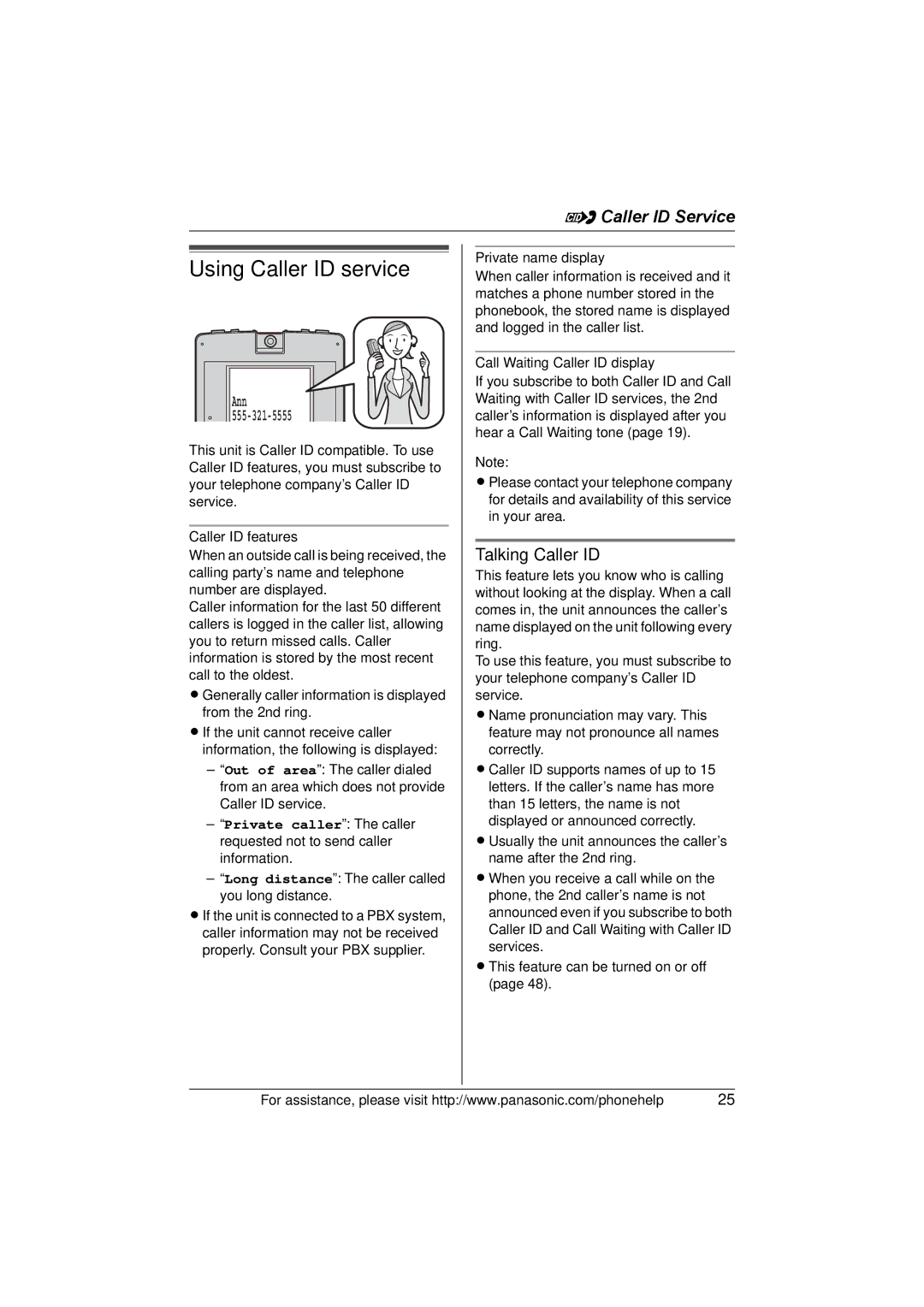 Panasonic KX-THA16 Using Caller ID service, Talking Caller ID, Caller ID features, Private name display 