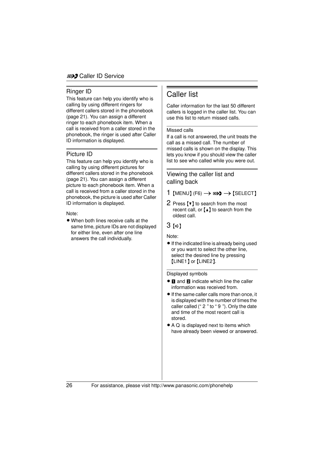 Panasonic KX-THA16 operating instructions Caller list, Ringer ID, Picture ID, Viewing the caller list and calling back 