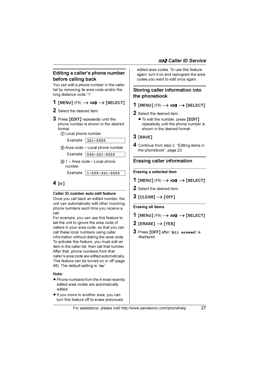 Panasonic KX-THA16 Editing a caller’s phone number before calling back, 321-5555, Erasing all items, Erase iYES 