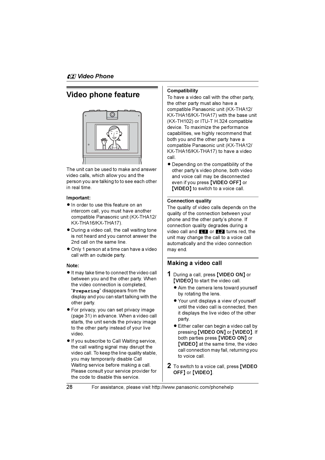 Panasonic KX-THA16 operating instructions Video phone feature, Making a video call, Compatibility, Connection quality 