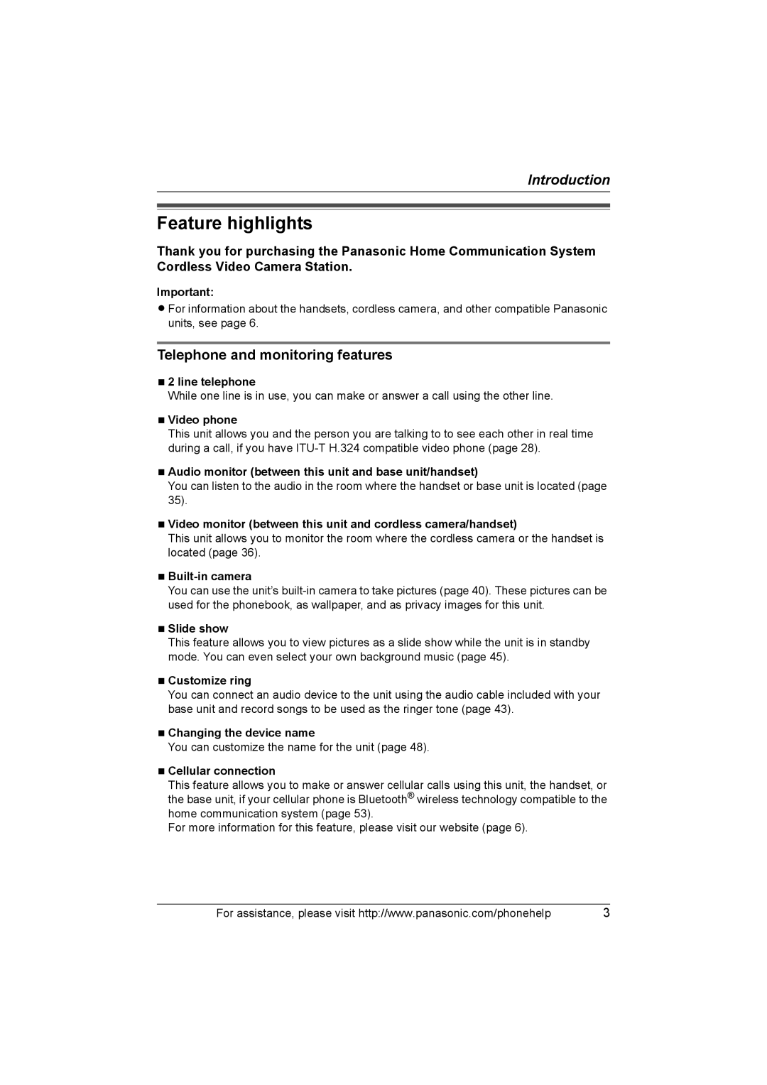 Panasonic KX-THA16 operating instructions Feature highlights, Telephone and monitoring features 