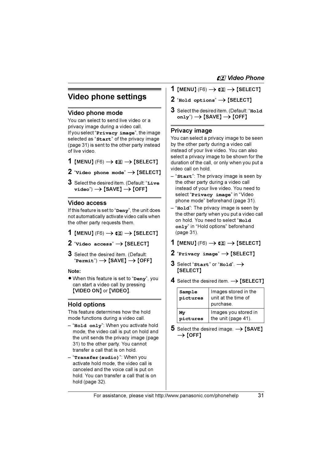 Panasonic KX-THA16 operating instructions Video phone settings, Video phone mode, Video access, Hold options, Privacy image 