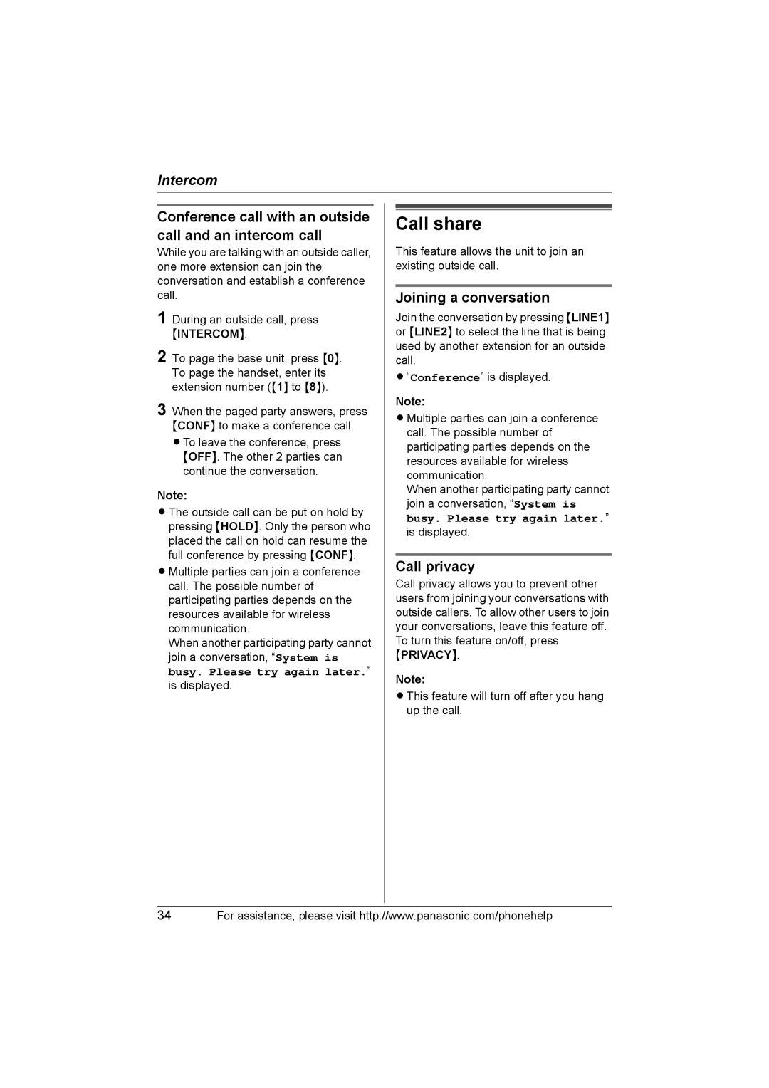 Panasonic KX-THA16 operating instructions Call share, Joining a conversation, Call privacy 