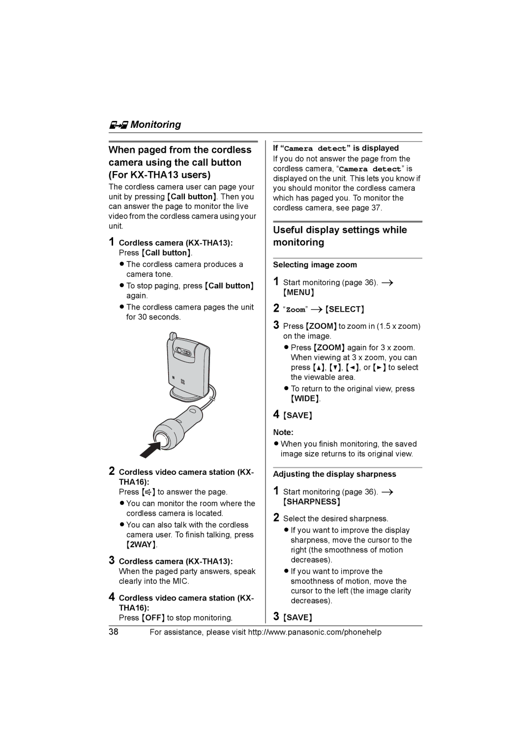 Panasonic KX-THA16 Useful display settings while monitoring, Cordless camera KX-THA13 Press Call button, Sharpness 