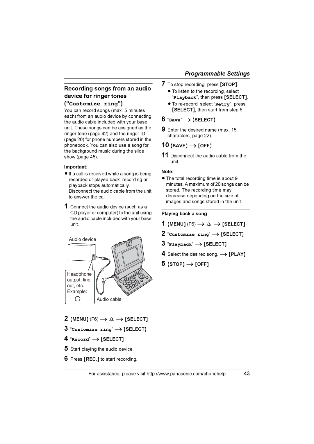 Panasonic KX-THA16 operating instructions Playing back a song, Customize ring iSELECT Playback iSELECT, Stop iOFF 