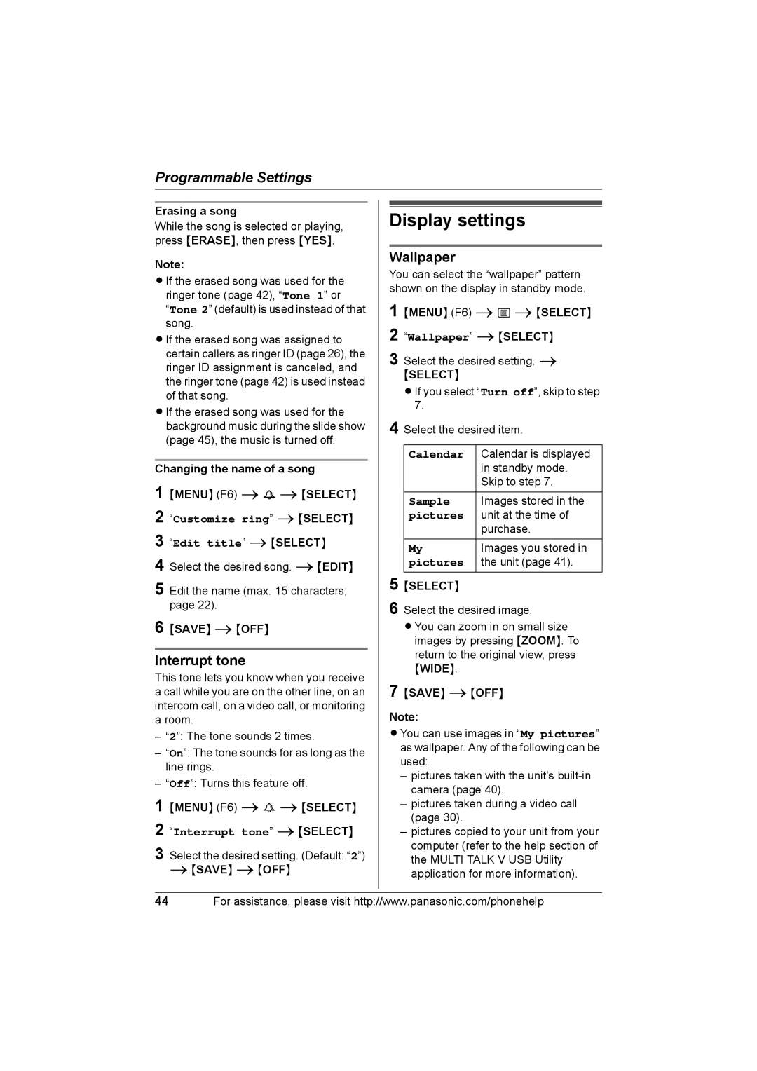 Panasonic KX-THA16 operating instructions Display settings, Wallpaper, Interrupt tone iSELECT, Calendar 