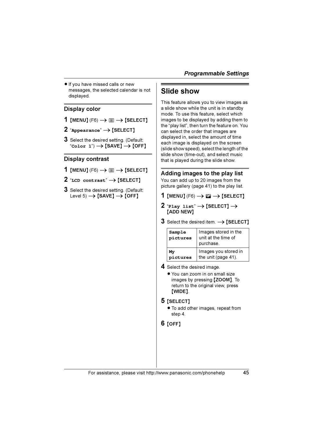 Panasonic KX-THA16 operating instructions Slide show, Display color, Display contrast, Adding images to the play list 