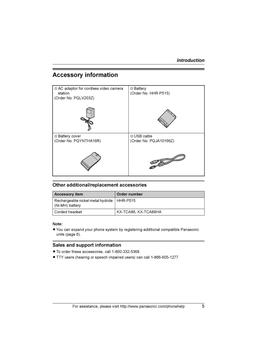 Panasonic KX-THA16 Accessory information, Other additional/replacement accessories, Sales and support information 