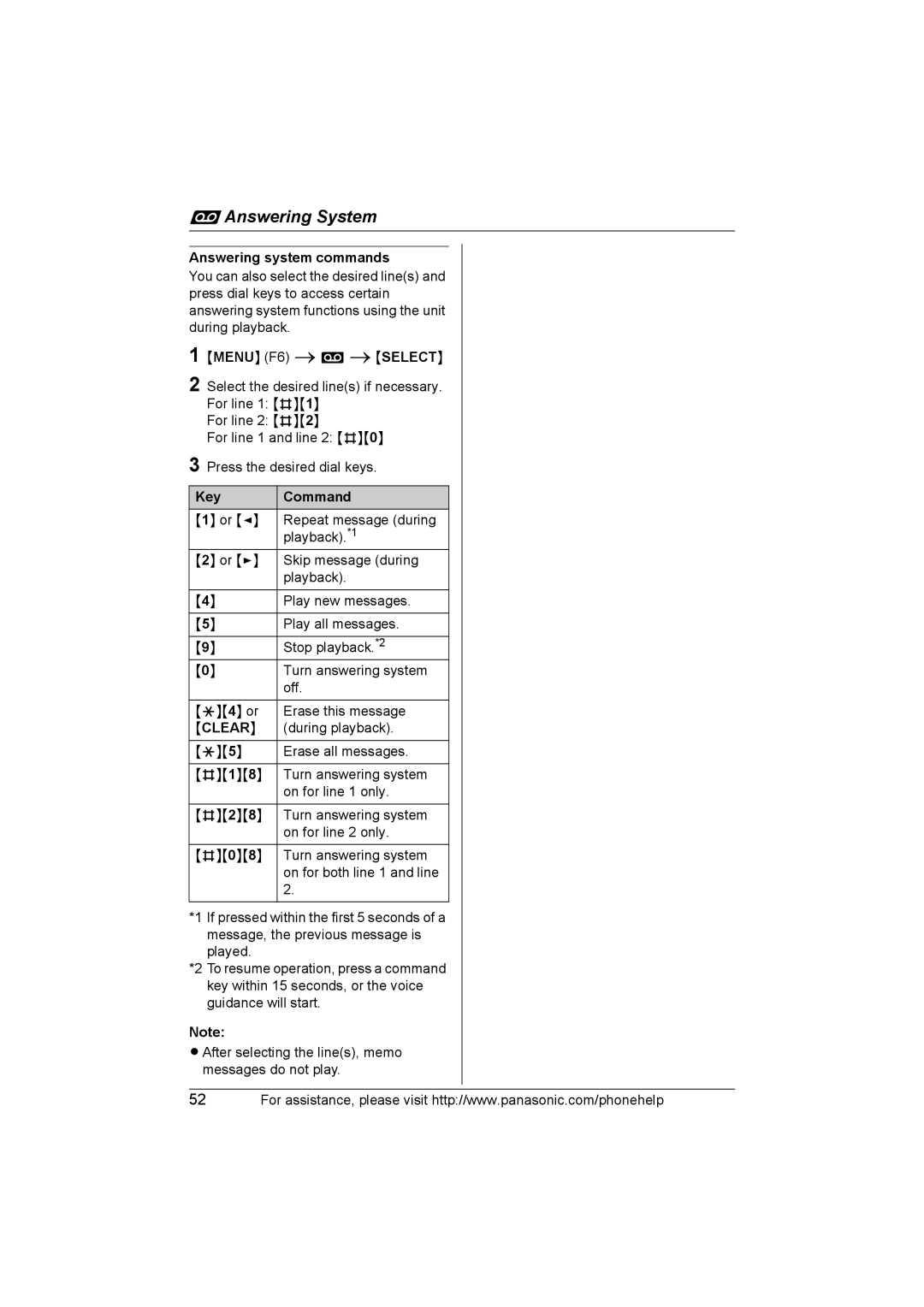 Panasonic KX-THA16 operating instructions Answering system commands, Key Command, Clear 