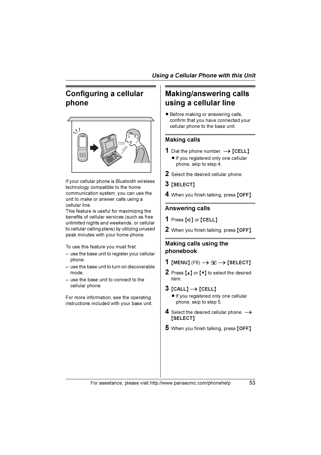 Panasonic KX-THA16 Configuring a cellular phone, Answering calls, Making calls using the phonebook, Call iCELL 