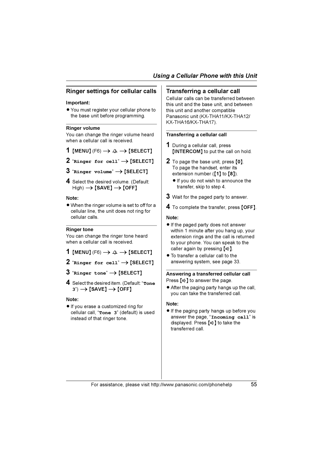 Panasonic KX-THA16 operating instructions Ringer settings for cellular calls, Transferring a cellular call 