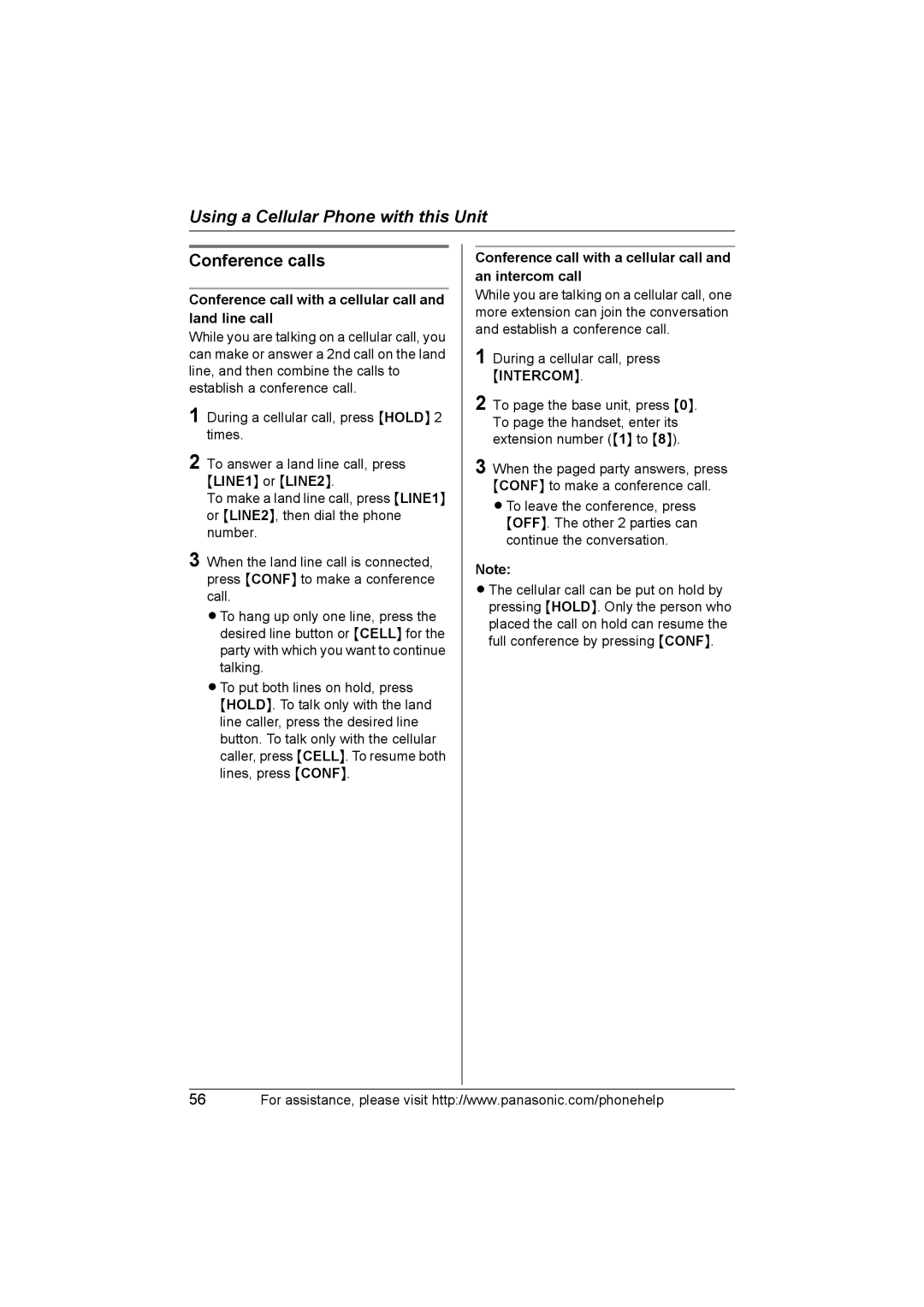 Panasonic KX-THA16 operating instructions Conference calls, Conference call with a cellular call and land line call 