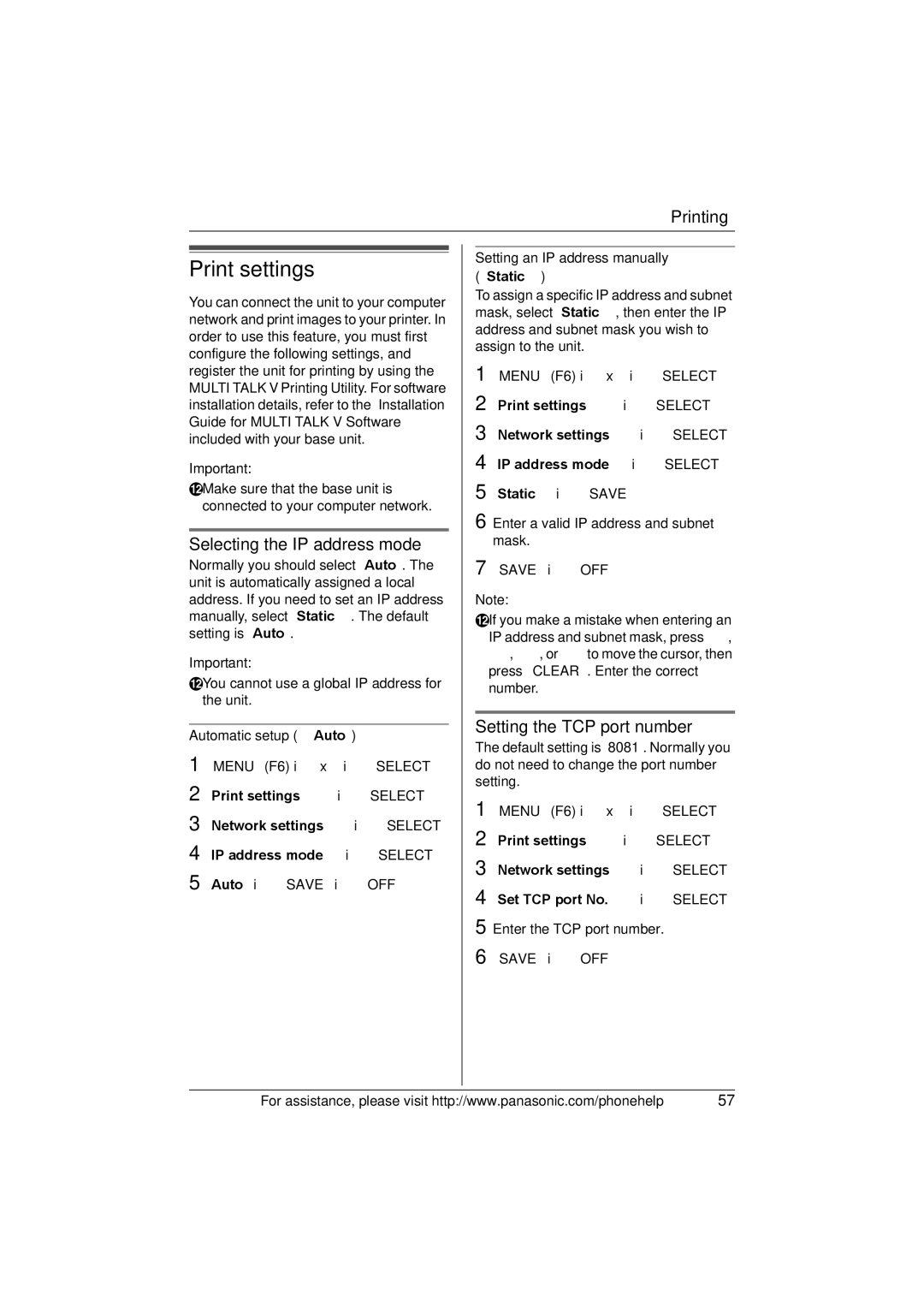 Panasonic KX-THA16 Print settings, Selecting the IP address mode, Setting the TCP port number, Automatic setup Auto 