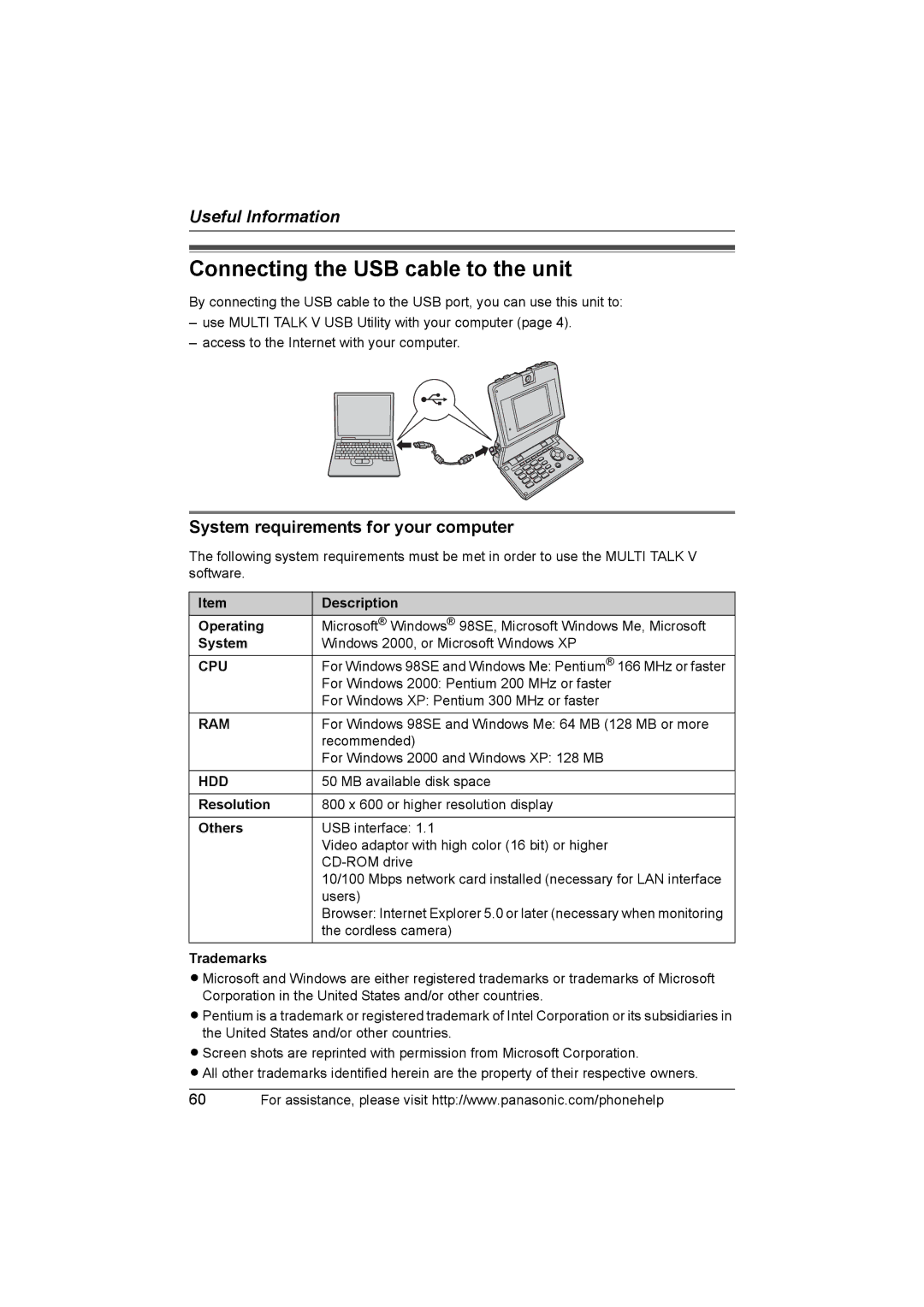 Panasonic KX-THA16 Connecting the USB cable to the unit, System requirements for your computer, Cpu, Ram, Hdd 