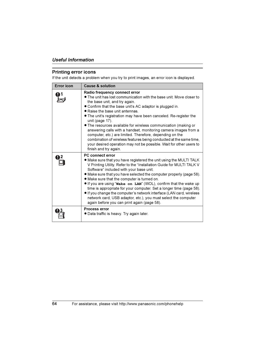 Panasonic KX-THA16 Printing error icons, Error icon Cause & solution Radio frequency connect error, PC connect error 