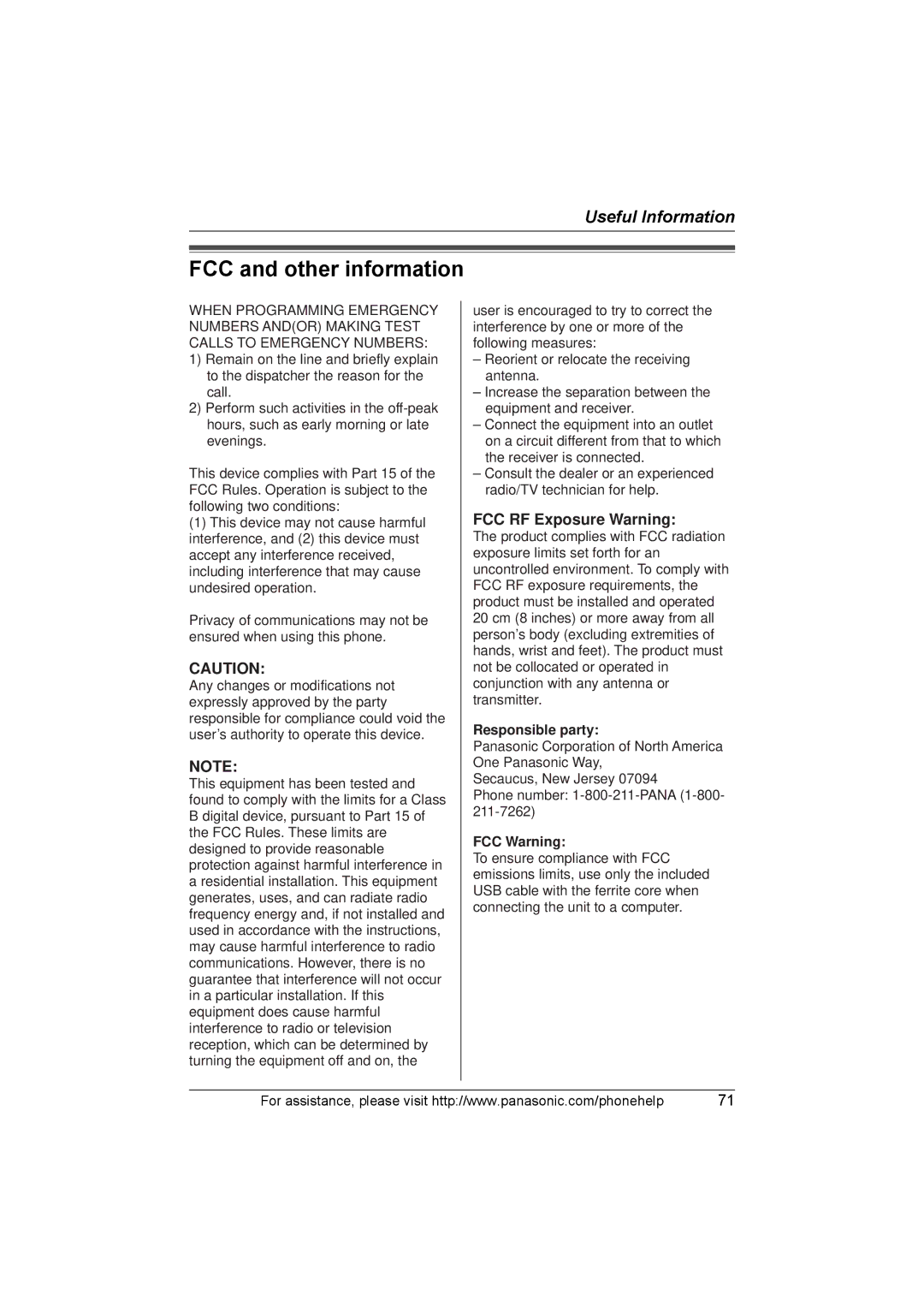 Panasonic KX-THA16 operating instructions FCC and other information, Responsible party, FCC Warning 