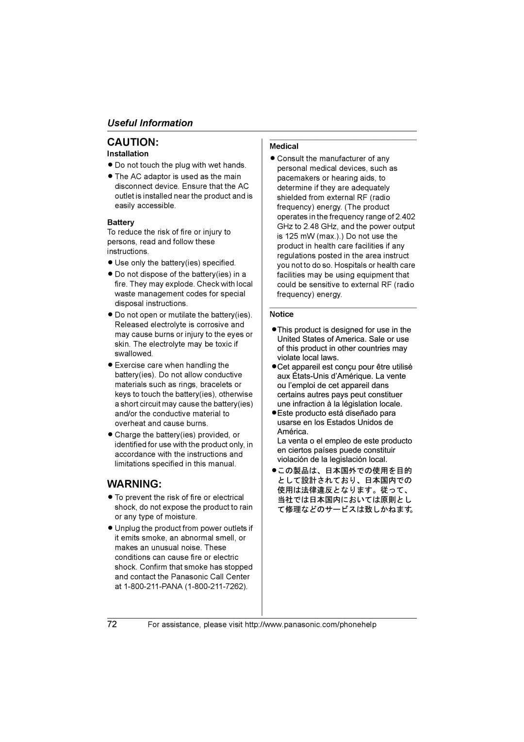 Panasonic KX-THA16 operating instructions Installation, Battery, Medical 