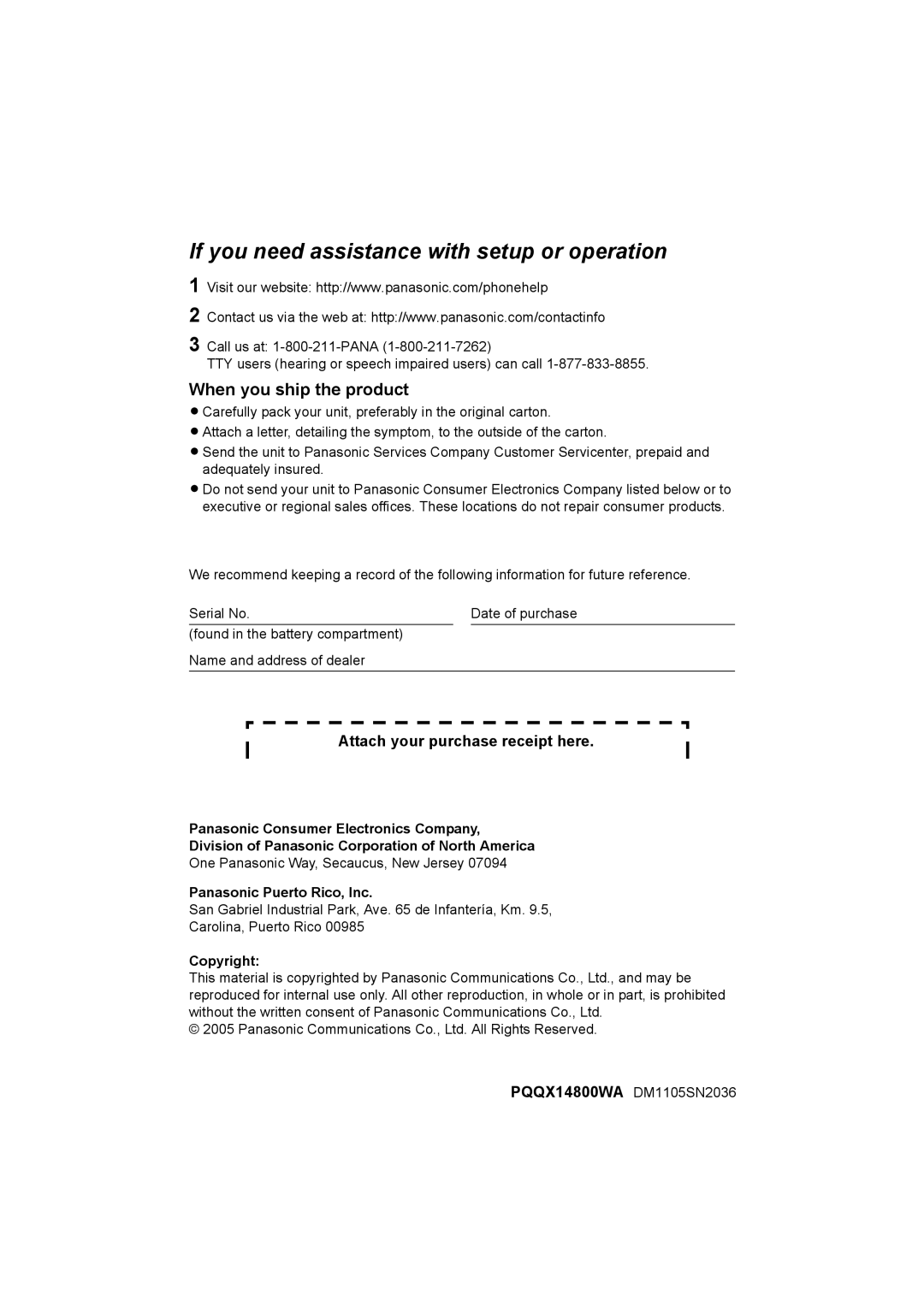 Panasonic KX-THA16 operating instructions When you ship the product, Panasonic Puerto Rico, Inc, Copyright 