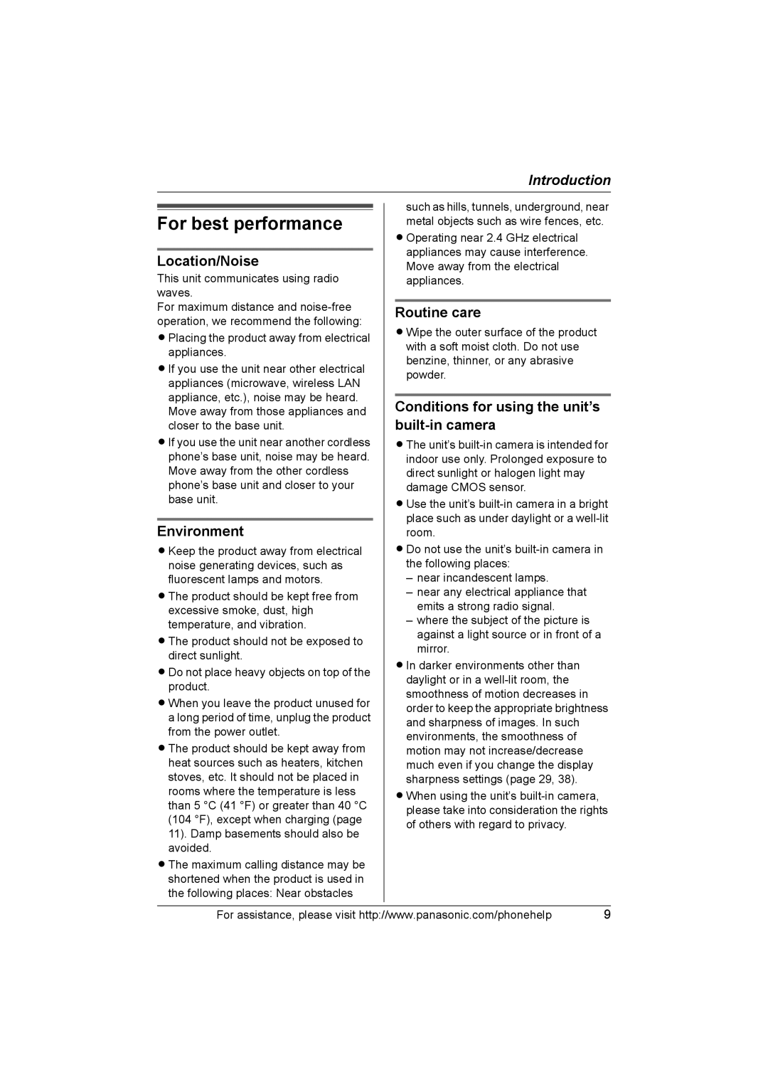 Panasonic KX-THA16 operating instructions For best performance, Location/Noise, Environment, Routine care 